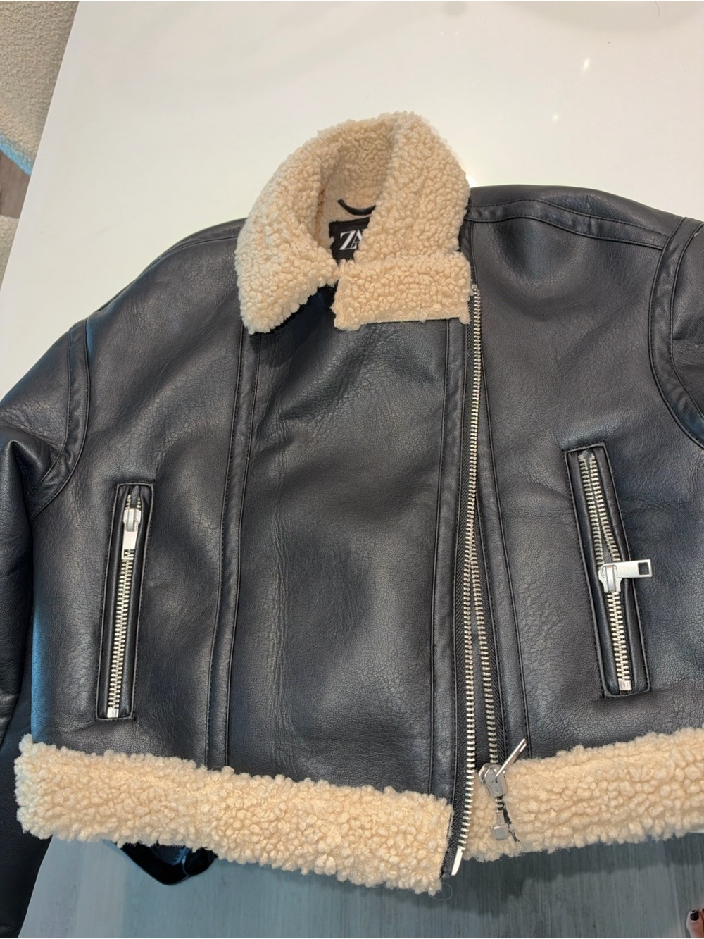 Zara Black Faux-Leather Bomber Jacket with Cream fur